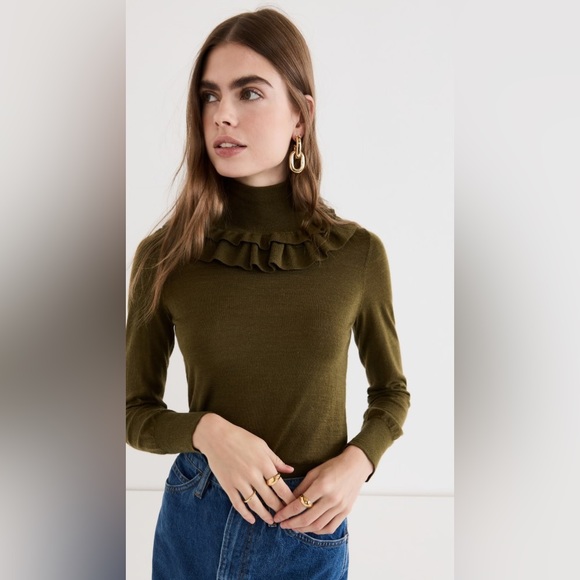 NWT $425 Ulla Johnson Jean Layered Frill Turtleneck Sweater In Willow